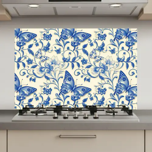 Vlinders - Bloemen - Blauw - Botanisch keuken achterwand spatscherm klein 900 -3d_website