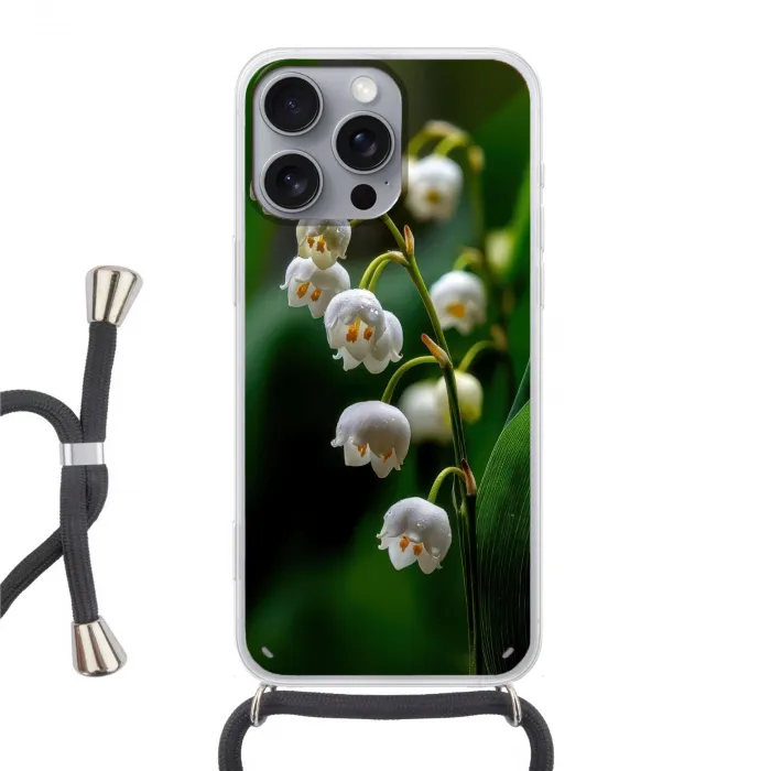 Bloemen - Wit - Bladeren - Lelietjes Hoesje iPhone 16 Pro Max met koord klein -3d