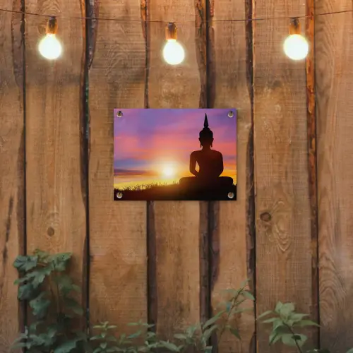 Zonsondergang - Horizon - Boeddha beeld - Buddha -  Silhouette tuinposter los doek klein -sfeer1