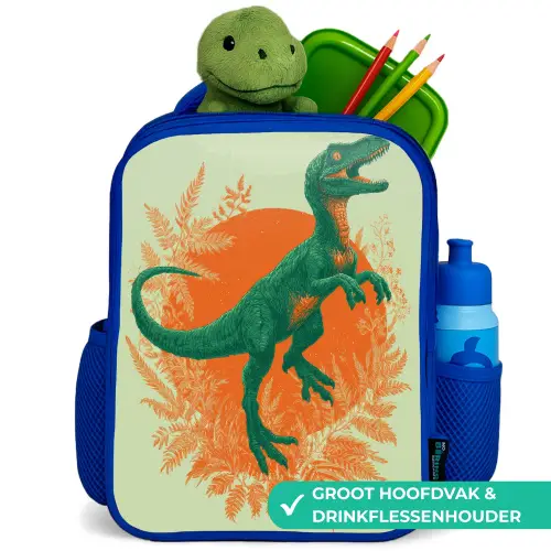 Dinosaurus - Groen - Planten - Cirkel Kinderrugzak - Blauw middel -inhoud_NL