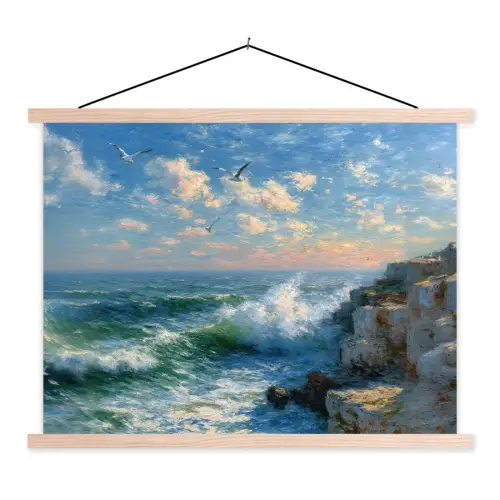 Zee - Golven - Rotsen - Meeuwen textielposter latten blank klein -3d