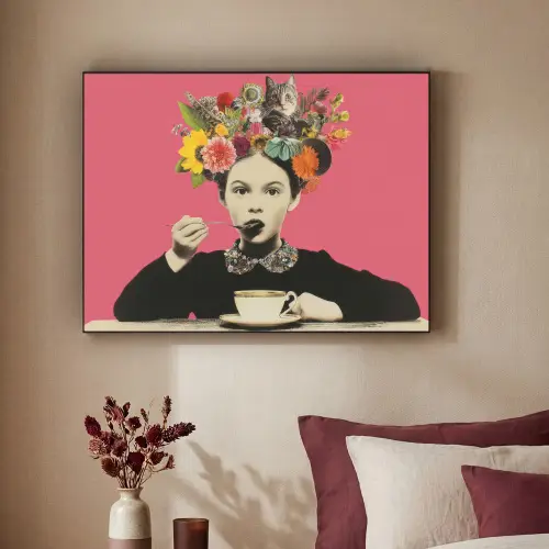Meisje - Kopje - Bloemen - Roze Textielframe zwart klein -sfeer1