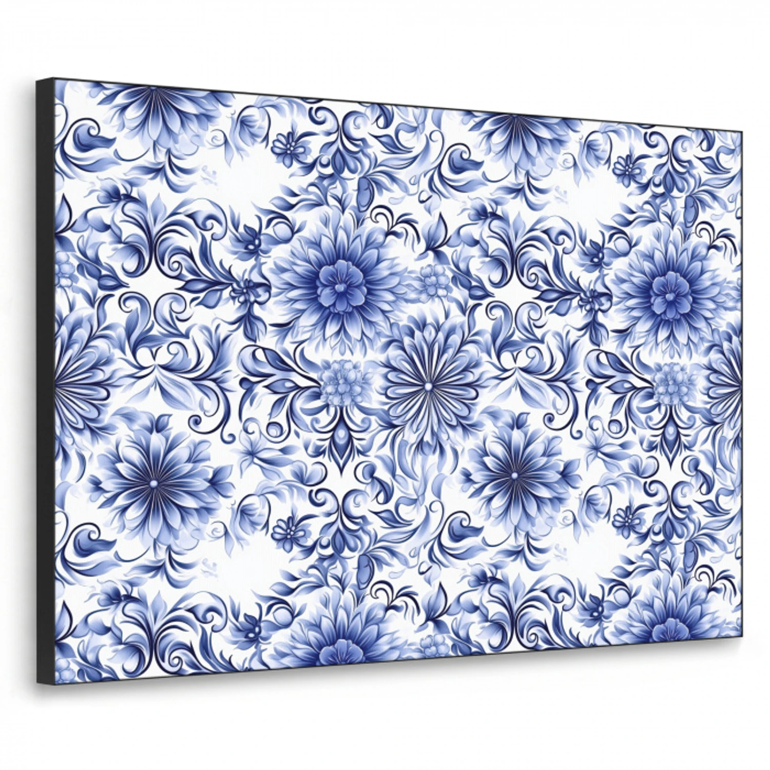 Bloemen - Blauw - Patroon - Wit Textielframe zwart klein 947 -3d