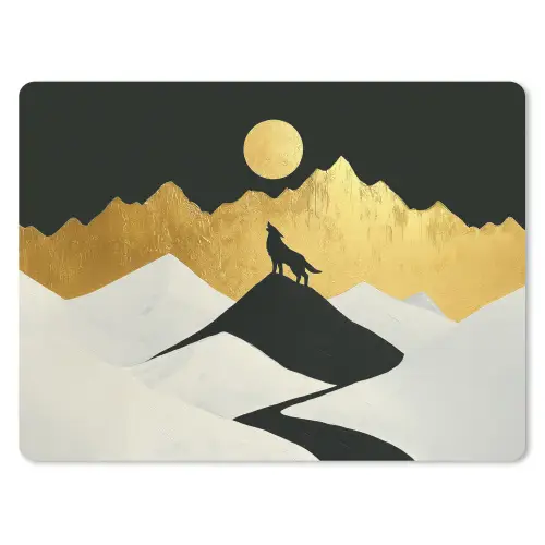 Wolf - Bergen - Maan - Zwart muismat rubber klein -3d