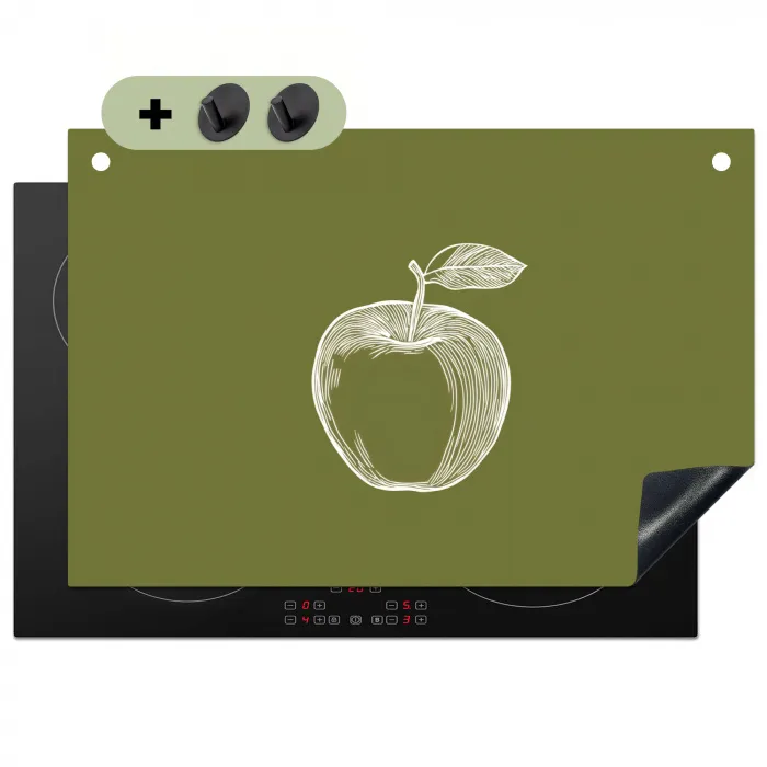 Lijntekening - Appel - Olijfgroen - Blaadje Inductie beschemer met haakjes klein -3d
