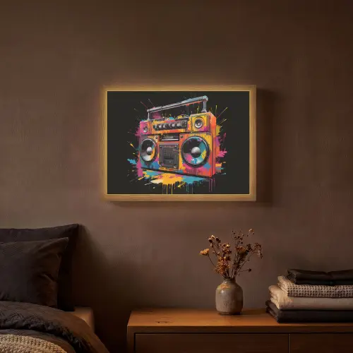 Radio - Graffiti - Box - Kleuren - Zwart Light Box met batterij (Wandlamp) middel -sfeer4