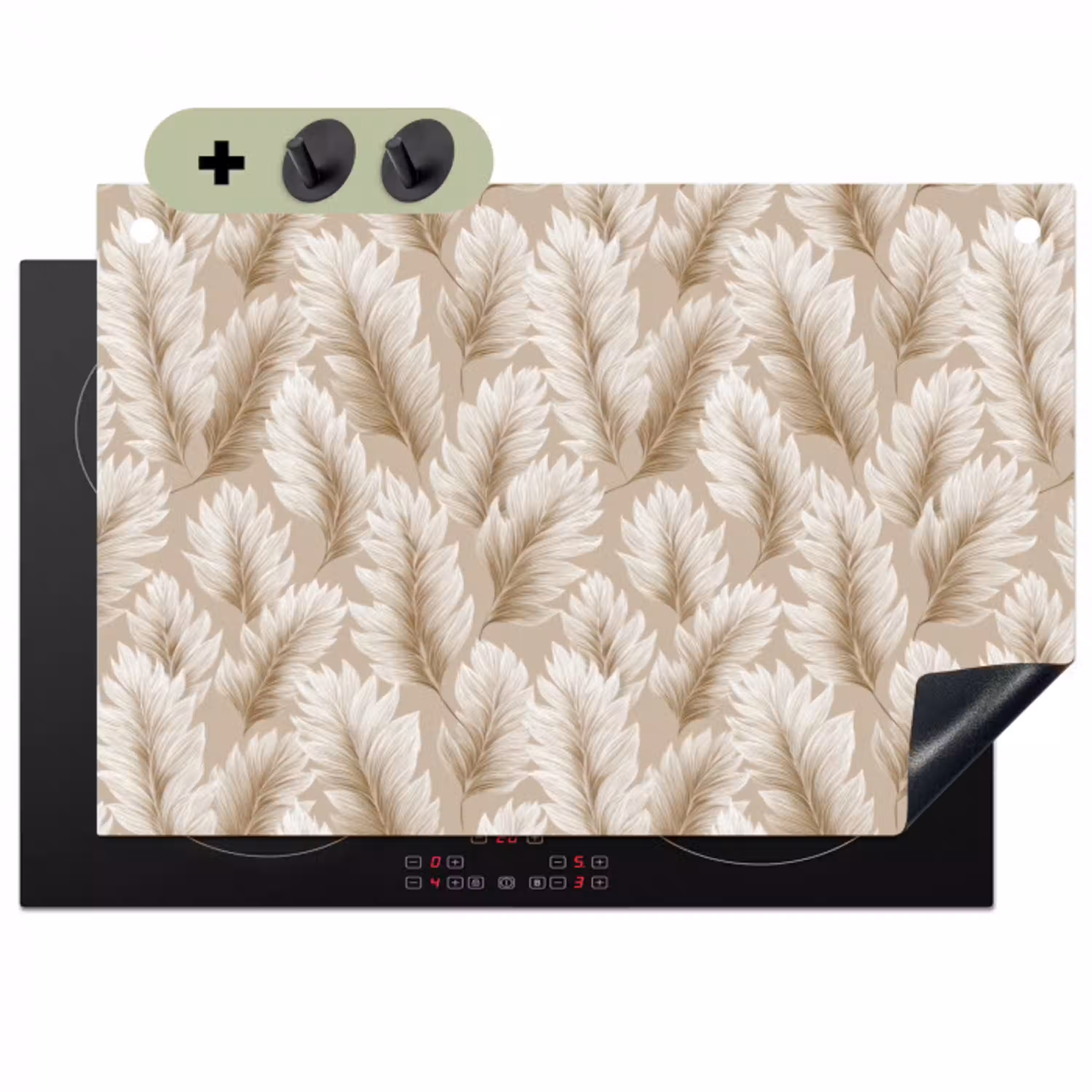 Botanisch - Patroon - Beige Inductie beschemer met haakjes klein 777 -3d