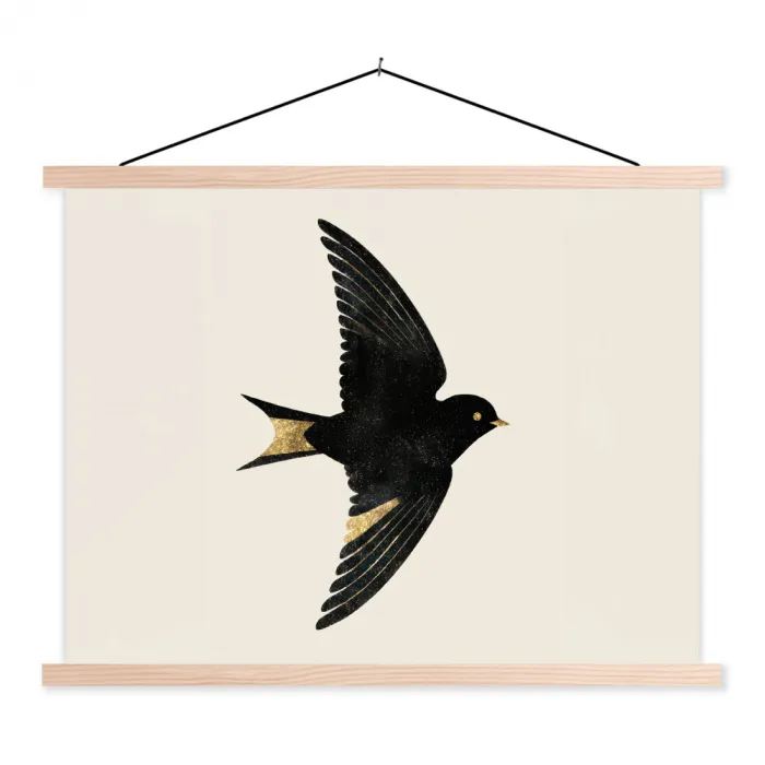 Zwarte zwaluw - Gouden accenten - Lichte achtergrond textielposter latten blank klein -3d