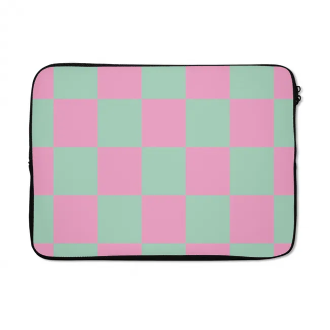 Laptophoes Schaakbord patroon - Groen - Roze - Blokjes