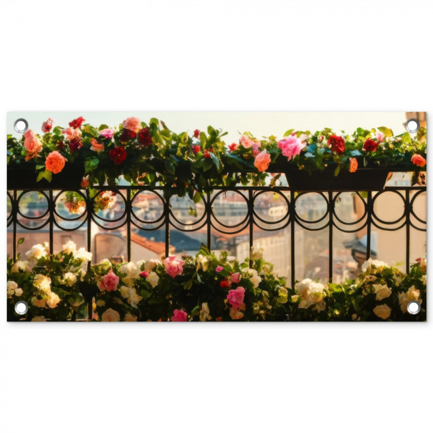 Bloemen - Hek - Stadszicht - Zomer tuinposter los doek klein -3d