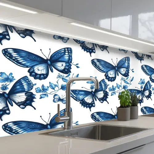 Blauw - Vlinders - Bloemen - Wit keuken achterwand 2 middel 871 -3d_schuin