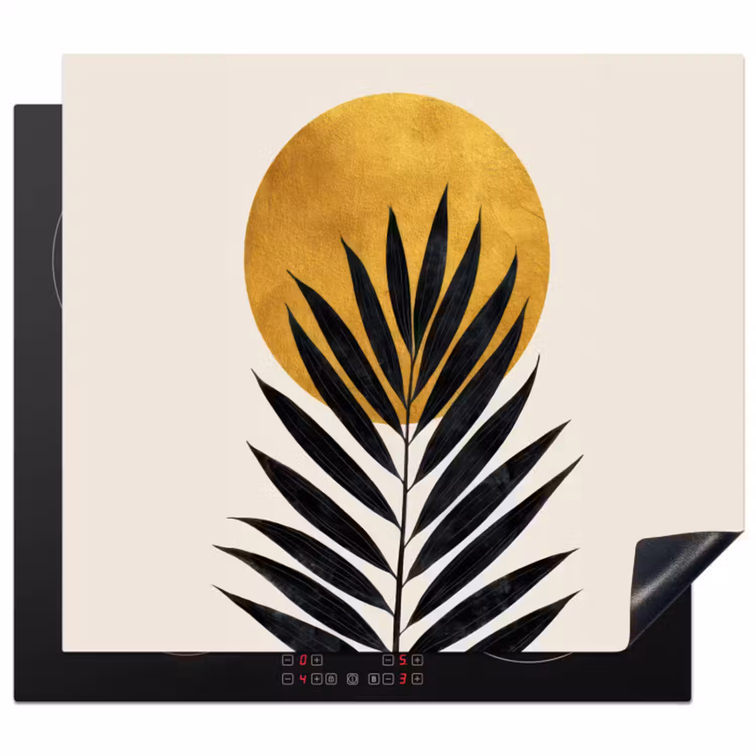 Inductie beschermer - Zwart palmblad - Gouden cirkel - Beige achtergrond