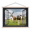 Doorkijk - Koe - Molen - Koeien - Weiland - Gras - Groen textielposter latten blank klein -3d