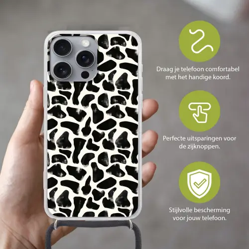 Dierenpatroon - Vlekken - Zwart - Wit Hoesje iPhone 16 Pro Max met koord klein 804 -sfeer2_NL