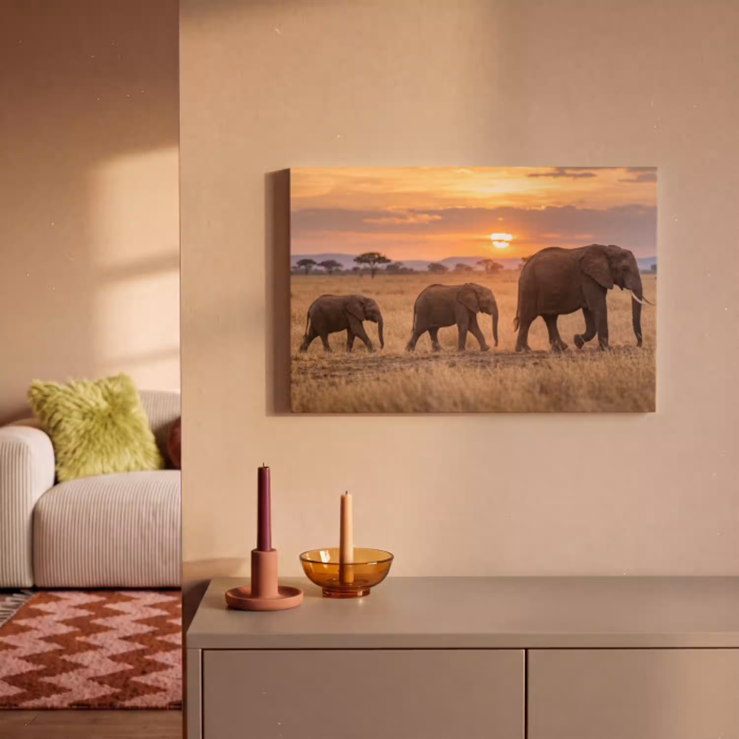 Olifanten - Savanne - Zonsondergang - Afrika - Warm canvas 2cm klein -sfeer1