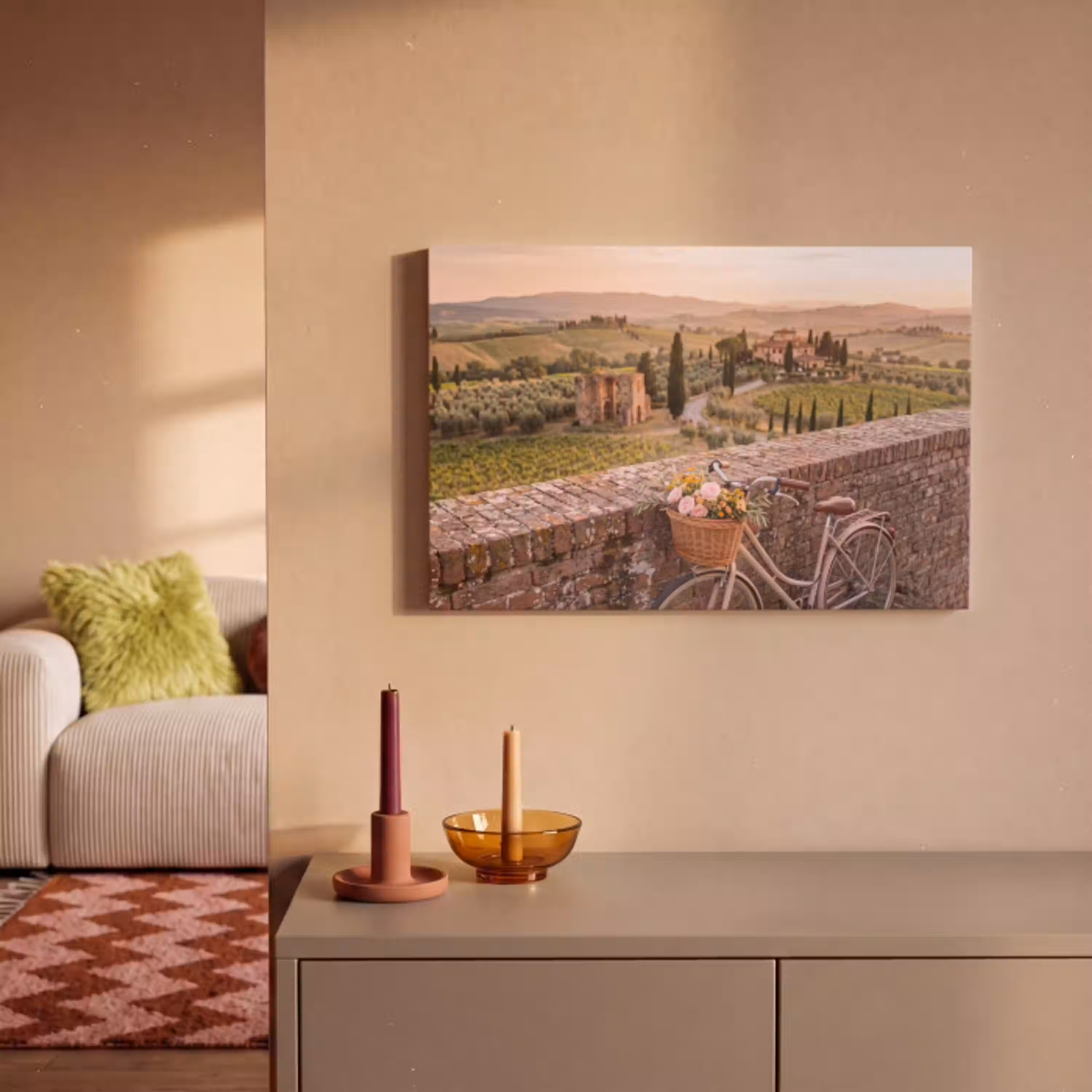Fiets - Bloemen - Toscane - Landschap - Roze canvas 2cm klein -sfeer1