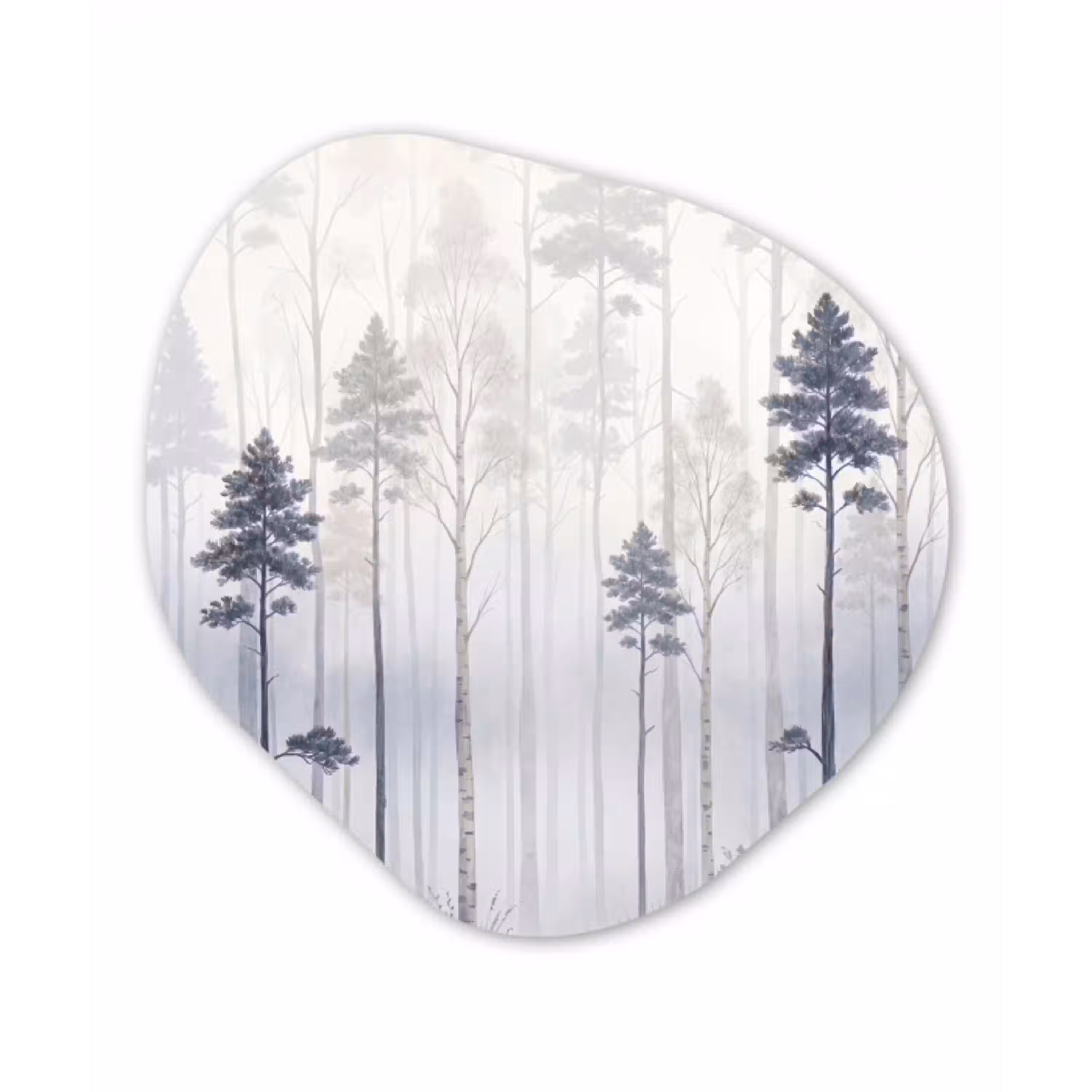 Bos - Bomen - Mist - Natuur - Illustratie - Grijs Wandcirkel Organisch Aluminium middel -3d