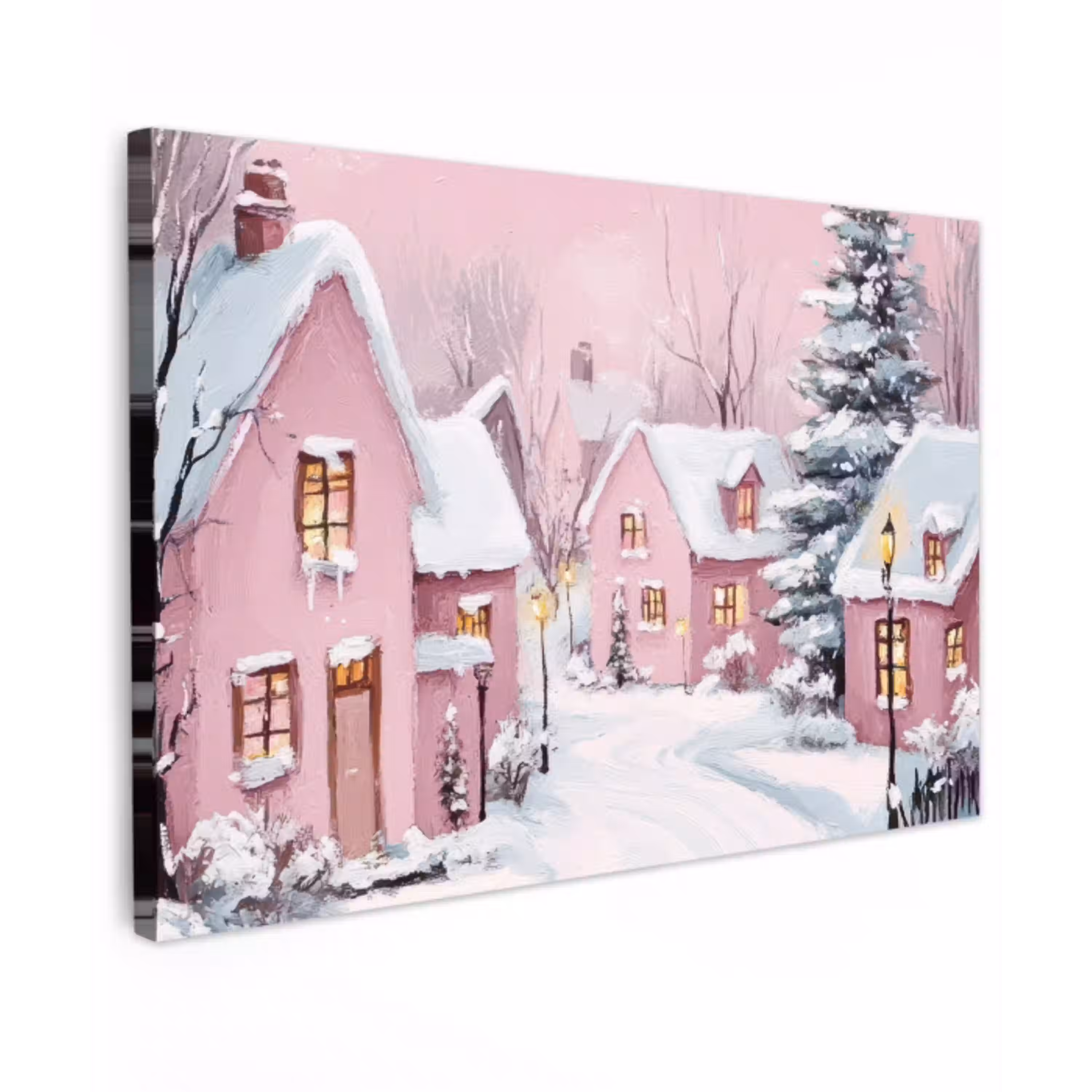 Kerstdorp - Roze - Winter - Sneeuw - Huizen Tuinposter op houten frame 2 cm dik klein -3d
