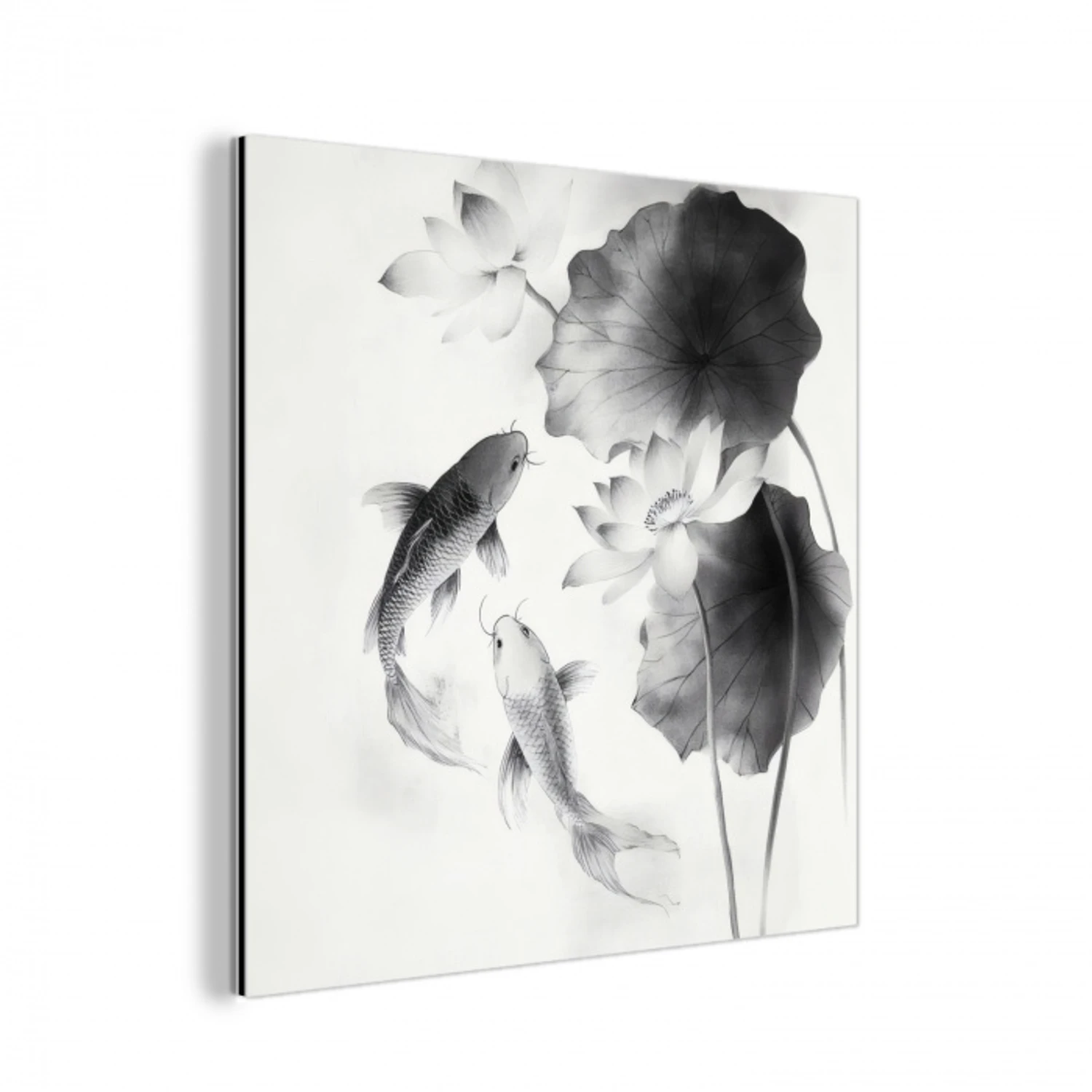 Lotusbloemen - Vissen - Bladeren - Zwart aluminium wit klein -3d