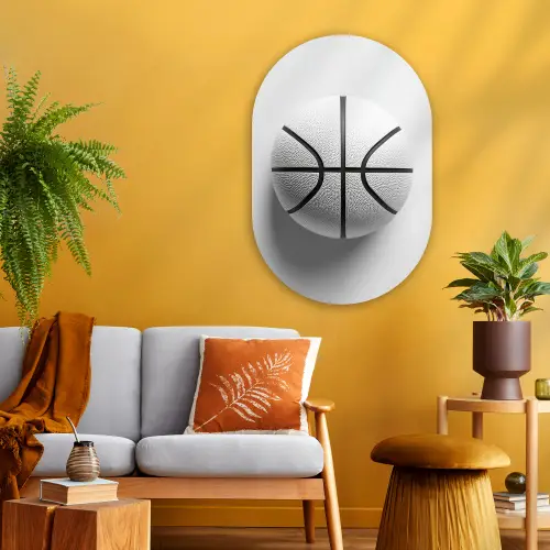 Basketbal - Wit - Schaduw - Lijnen Wandcirkel Ovaal Glas middel -sfeer4