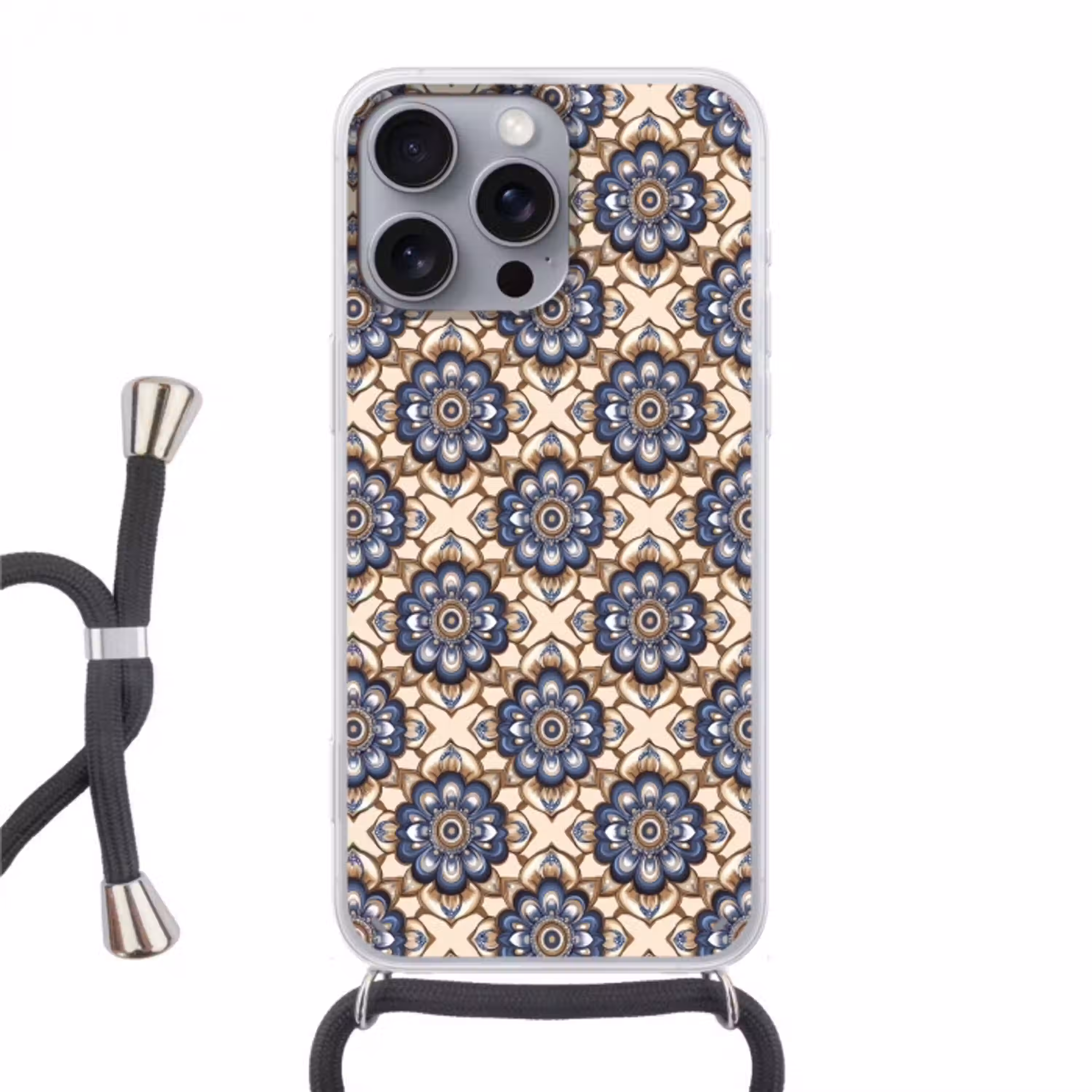 Floraal - Ornament - Blauw Hoesje iPhone 16 Pro Max met koord klein 804 -3d