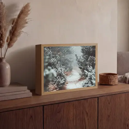 Bos - Winter - Bomen - Natuur - Pad - Sneeuw Light Box met batterij (Wandlamp) middel -sfeer2