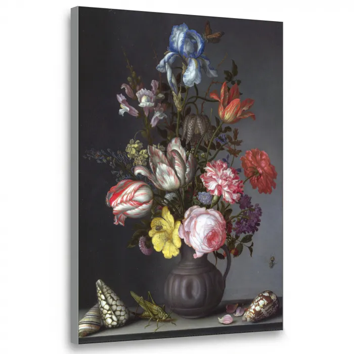 Bloemen in een vaas met schelpen en insecten - Balthasar van der Ast Textielframe zilver middel -3d