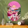 Stad - Roze - Palmbomen Wandcirkel Ovaal Glas middel -sfeer2