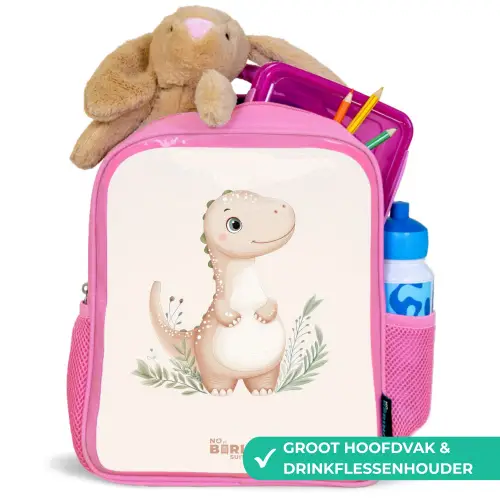 Beige dinosaurus met groene blaadjes Kinderrugzak - Roze middel -inhoud_NL