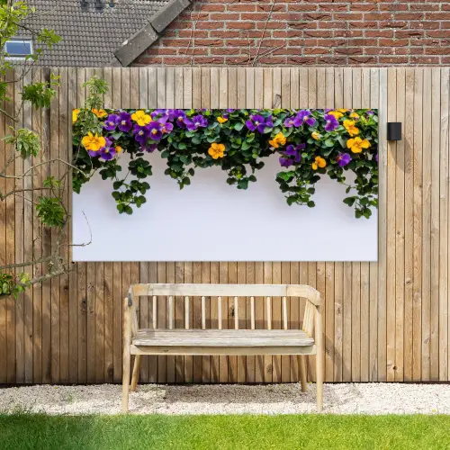 Bloemen - Muur - Geel - Paars Tuinposter op houten frame 2 cm dik xxl -sfeer4