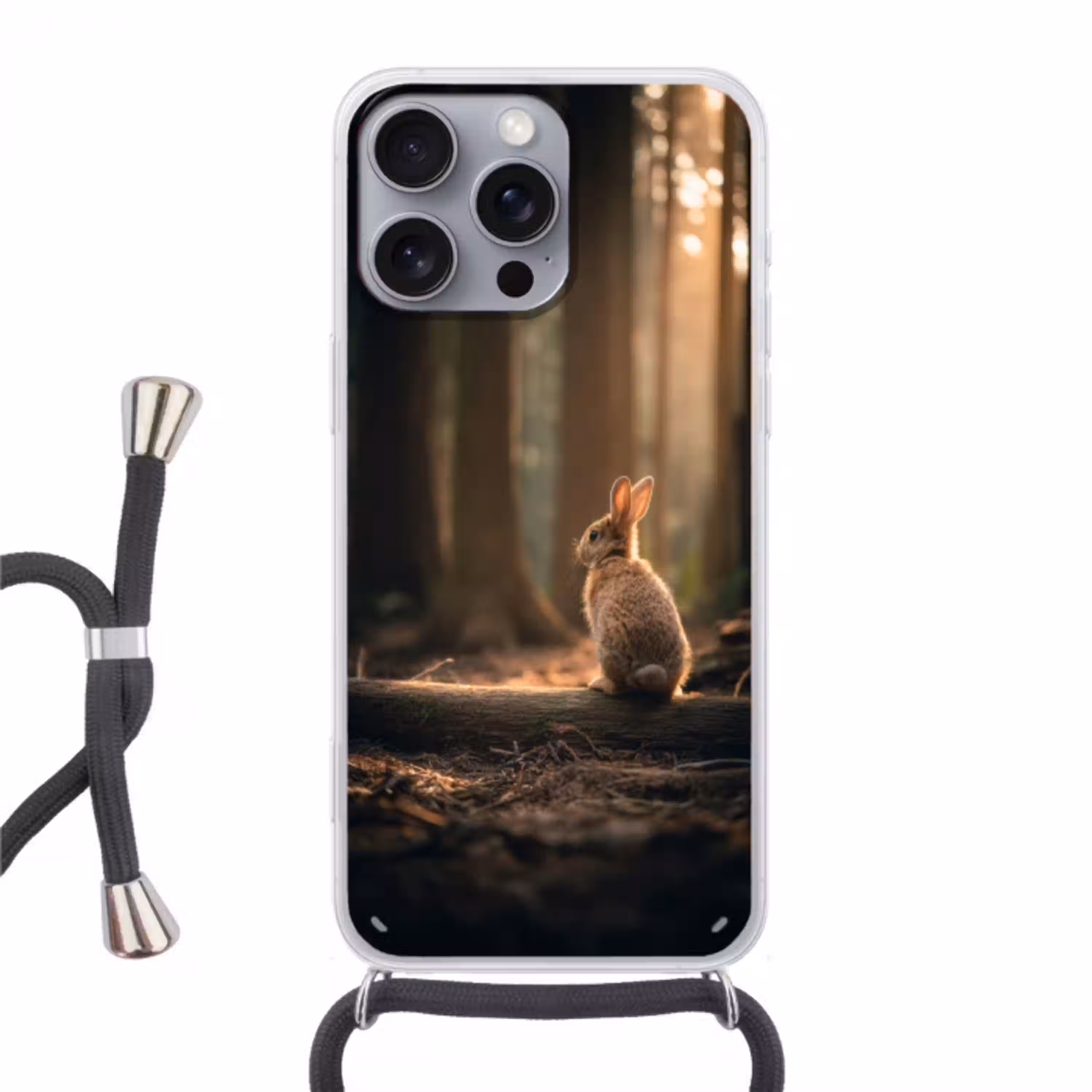 Konijn - Bos - Zonnestralen Hoesje iPhone 16 Pro Max met koord klein -3d