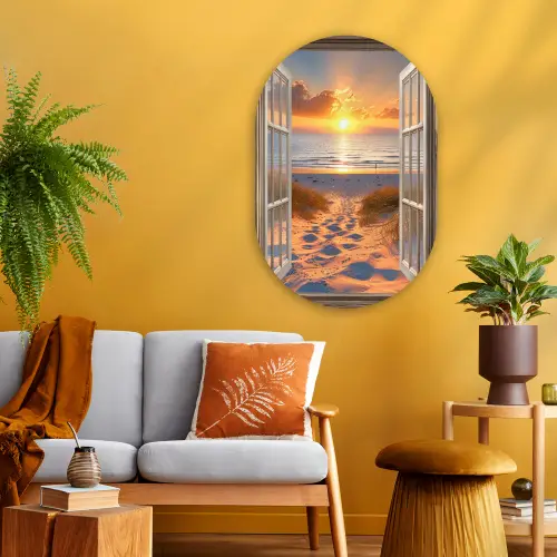 Doorkijk - Strand - Duinen - Zonsondergang Wandcirkel Ovaal Glas middel -sfeer4