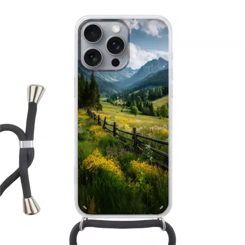 Veld - Hek - Bergen - Bloemen Hoesje iPhone 16 Pro Max met koord klein -3d