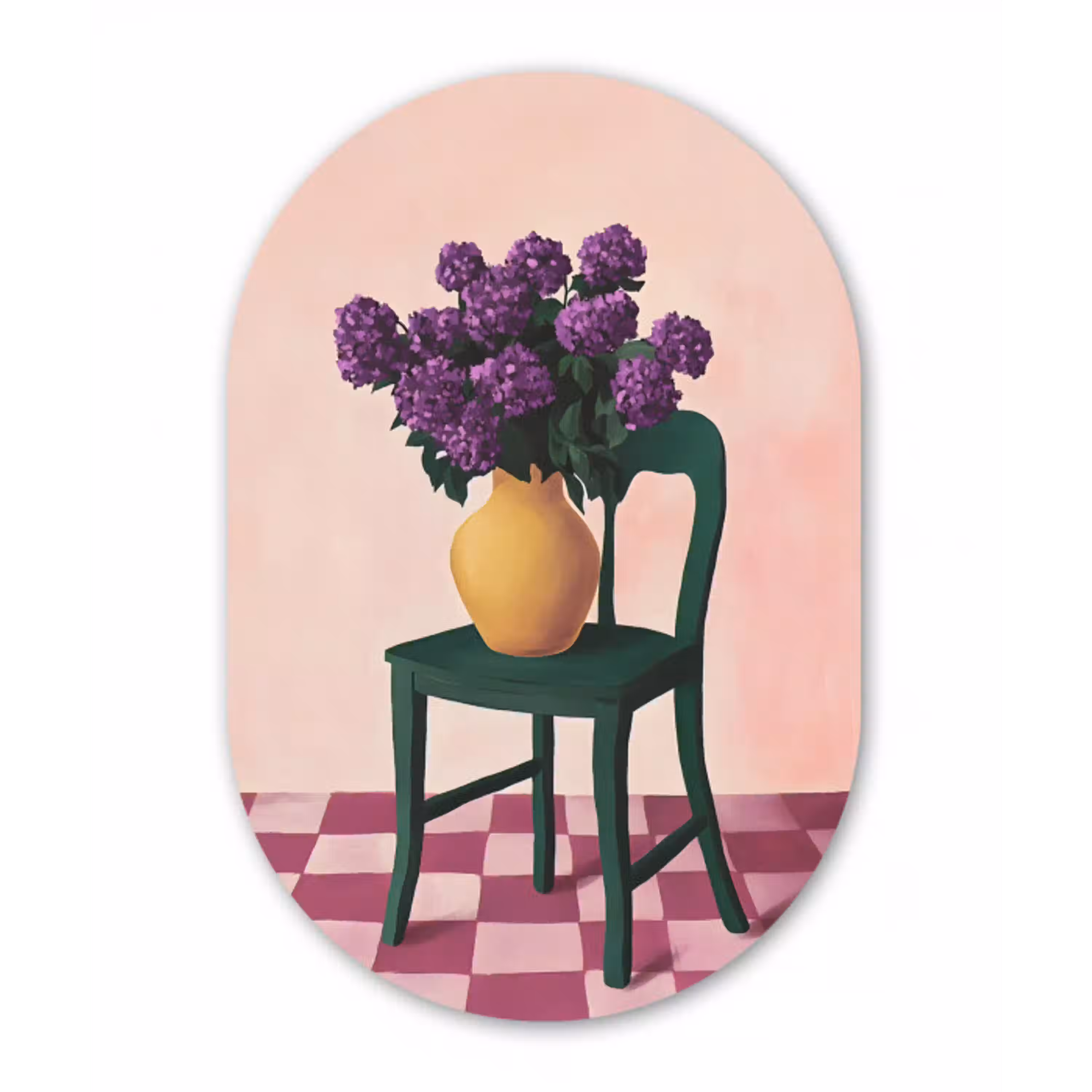 Stoel - Vaas - Bloemen - Geblokt Wandcirkel Ovaal Aluminium middel -3d