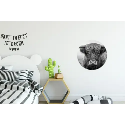 Schotse hooglander - Zwart - Wit - Gras Wandcirkel aluminium klein -kinderkamer
