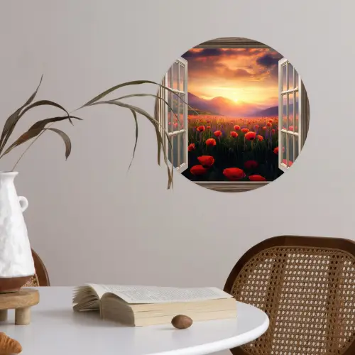 Doorkijk - Klaprozen - Bloemen - Rood - Open raam Wandcirkel behangsticker klein -sfeer3