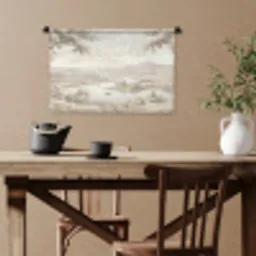 Rivierlandschap - Bergen - Natuur - Vintage - Beige Wandkleed katoen klein -sfeer6