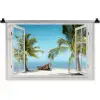 Doorkijk - Strand - Palmboom - Boot - Tropisch - Zee - Blauw Wandkleed katoen klein -zz3d