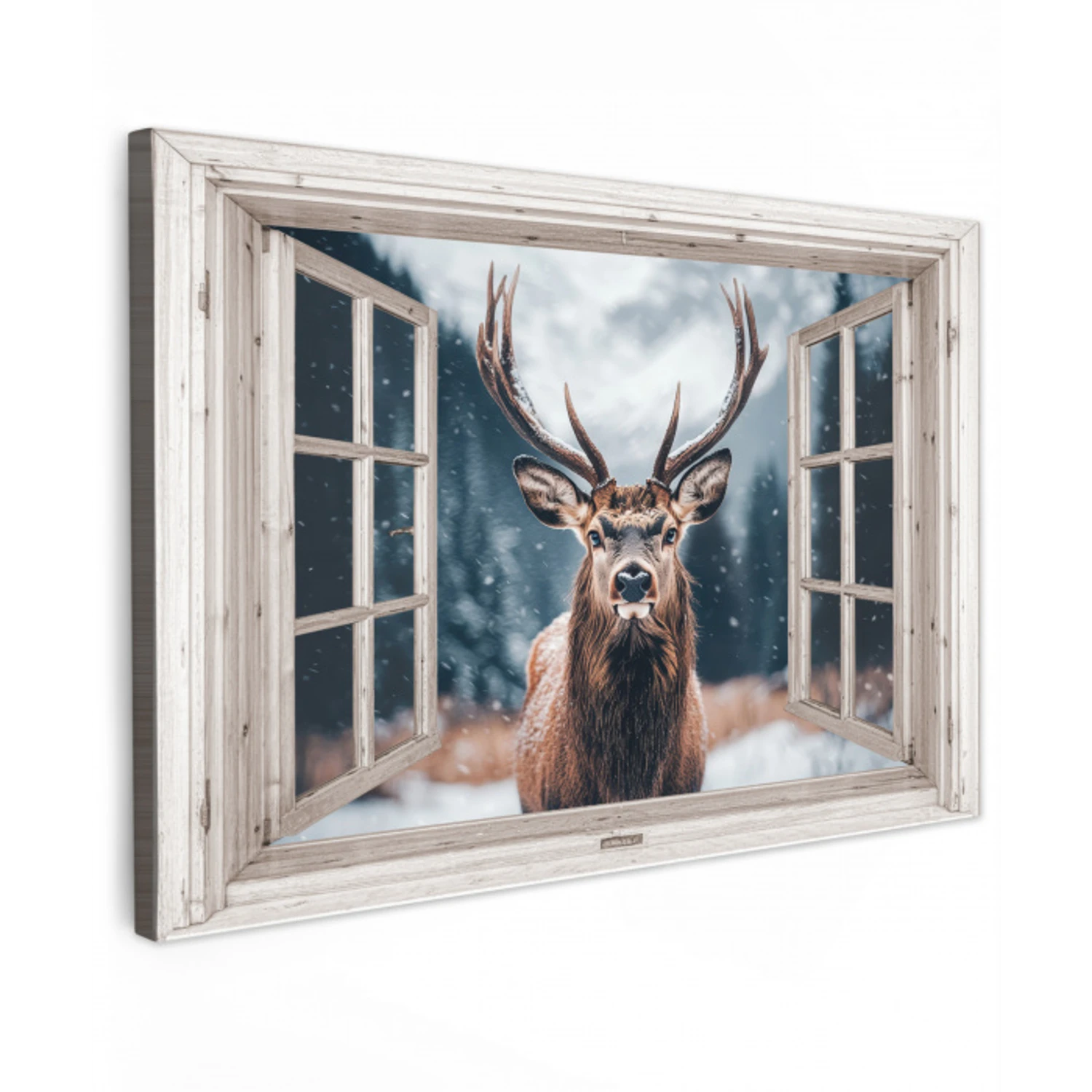 Hert - Dieren - Landschap - Winter - Sneeuw - Doorkijk - Natuur Tuinposter op houten frame 2 cm dik klein -3d