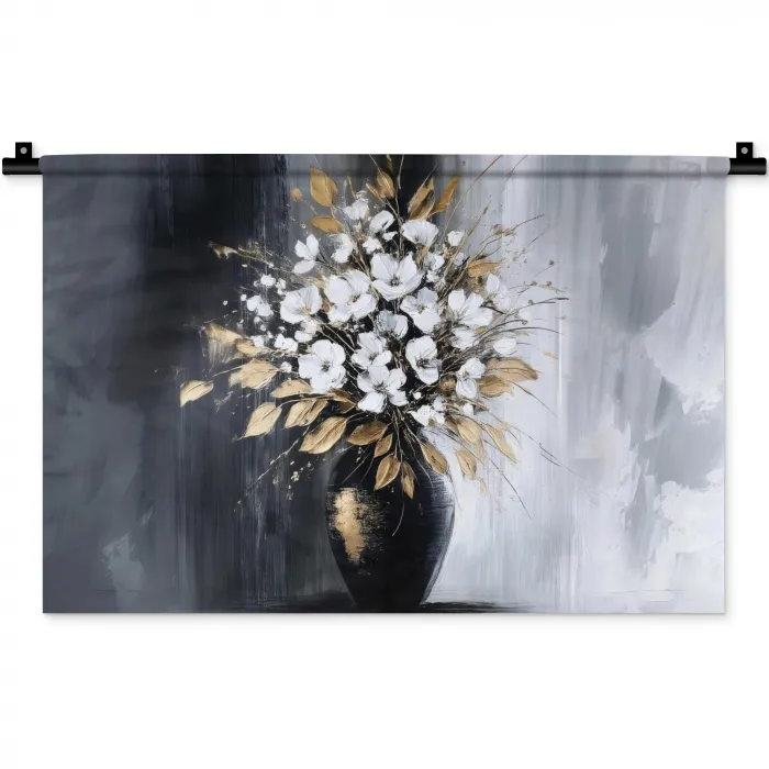 Bloemen - Wit - Vaas - Abstract Wandkleed katoen klein -zz3d