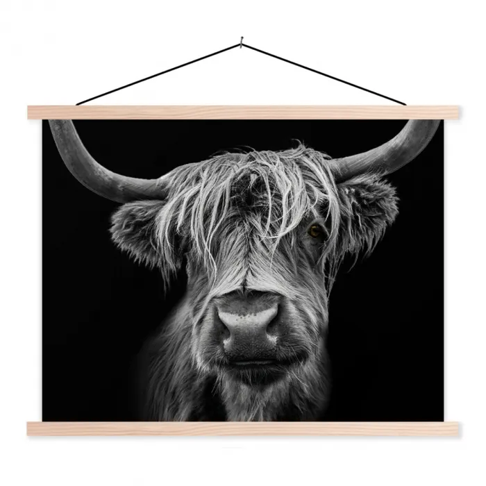 Schotse Hooglander - Horens - Zwart - Wit - Koe - Wild - Dieren textielposter latten blank klein -3d