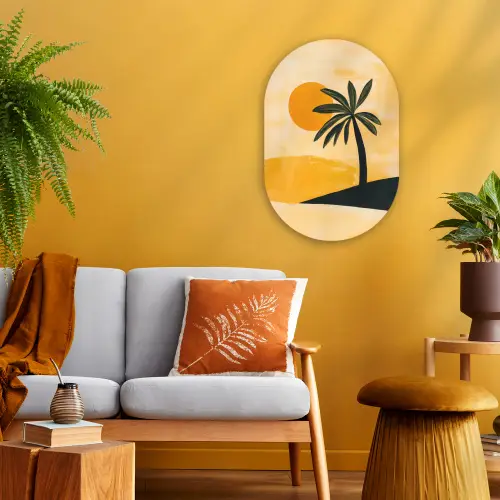 Illustratie - Palmboom - Zon - Heuvels Wandcirkel Ovaal Forex klein -sfeer4