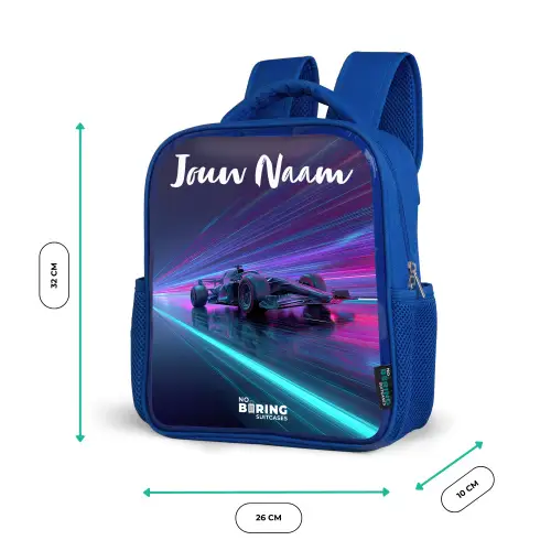 Lichtstralen - Neon - Racewagen - Paars Kinderrugzak - Blauw middel -productfoto_formaten