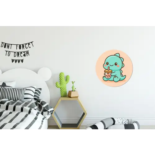 Dino - Boba - kawaii - Oranje Wandcirkel aluminium klein -kinderkamer