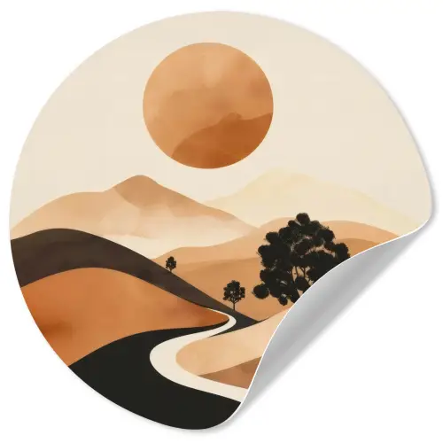 Zon - Heuvels - Boom - Abstract Wandcirkel behangsticker klein -3d