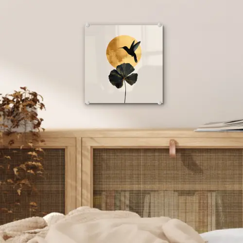 Zwarte kolibrie - Bloem - Gouden cirkel plexiglas 5mm klein -sfeer4