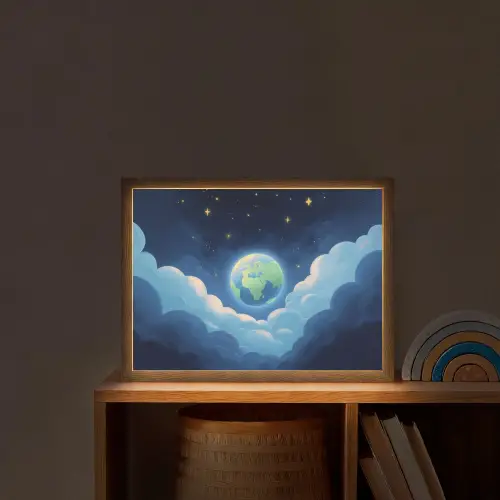 Planeet - Wolken - Sterren - Blauw Light Box met batterij (Wandlamp kind) middel -sfeer1_kind