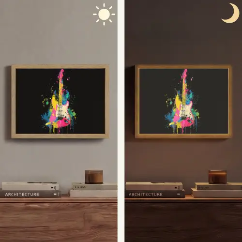 Gitaar - Kleurrijk - Verf Light Box met batterij (Wandlamp) middel -sfeer3