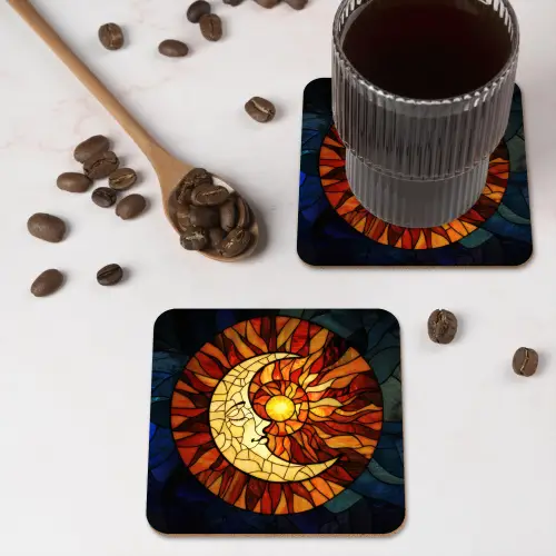 Mozaïek - Glas - Maan - Donkerblauw onderzetter kurk middel -sfeer2