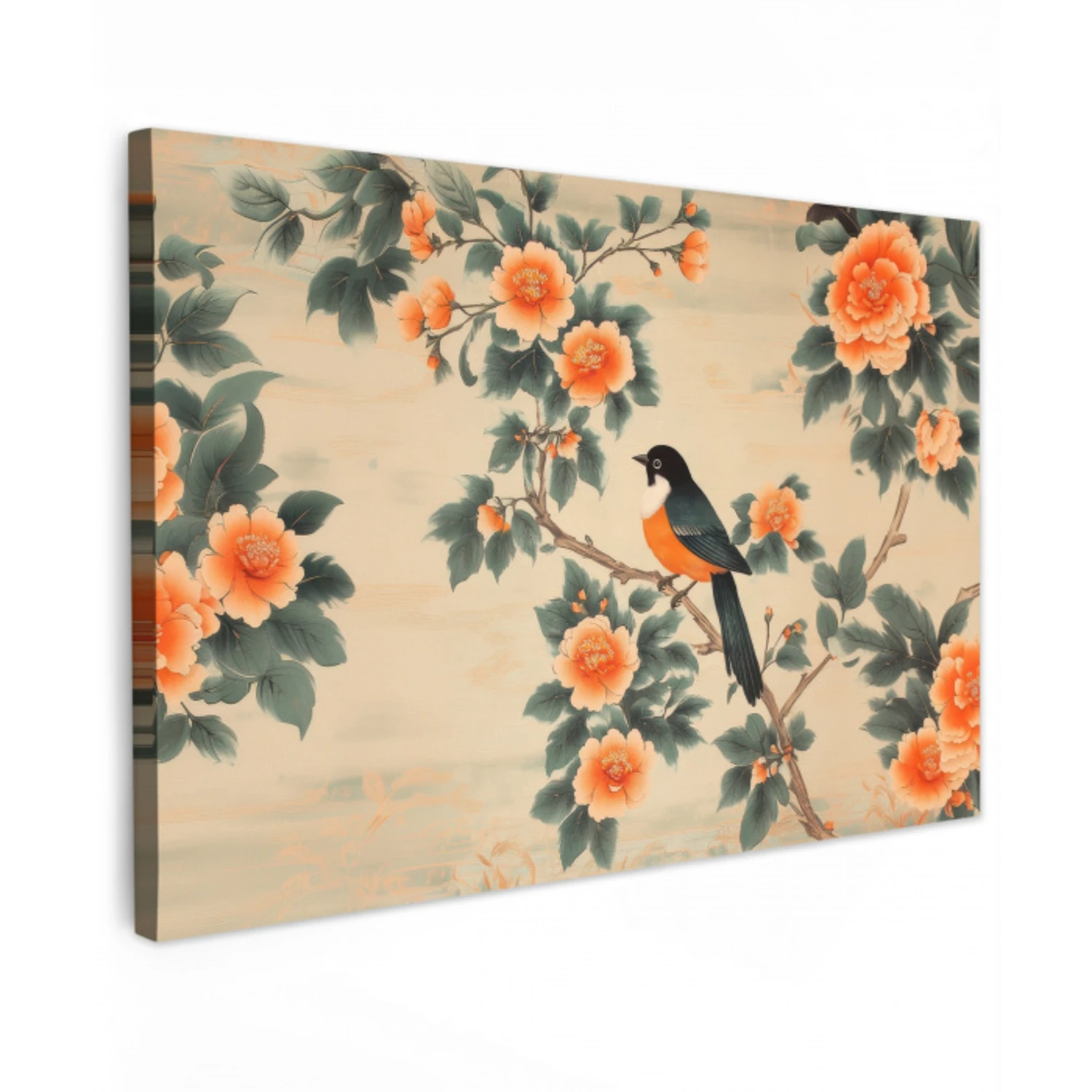 Vogel - Tak - Bloemen - Oranje Tuinposter op houten frame 2 cm dik klein -3d